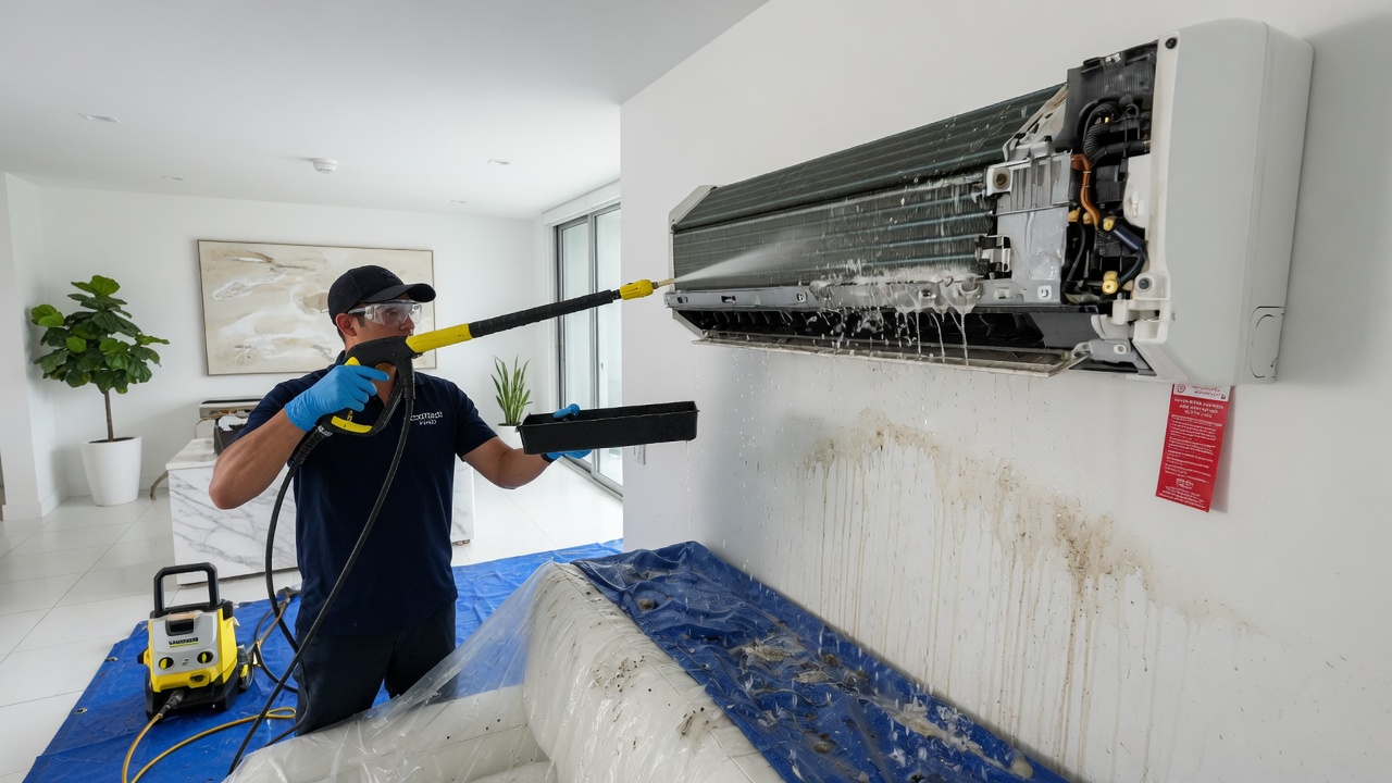 Technician cleaning an air conditioner filter to improve airflow