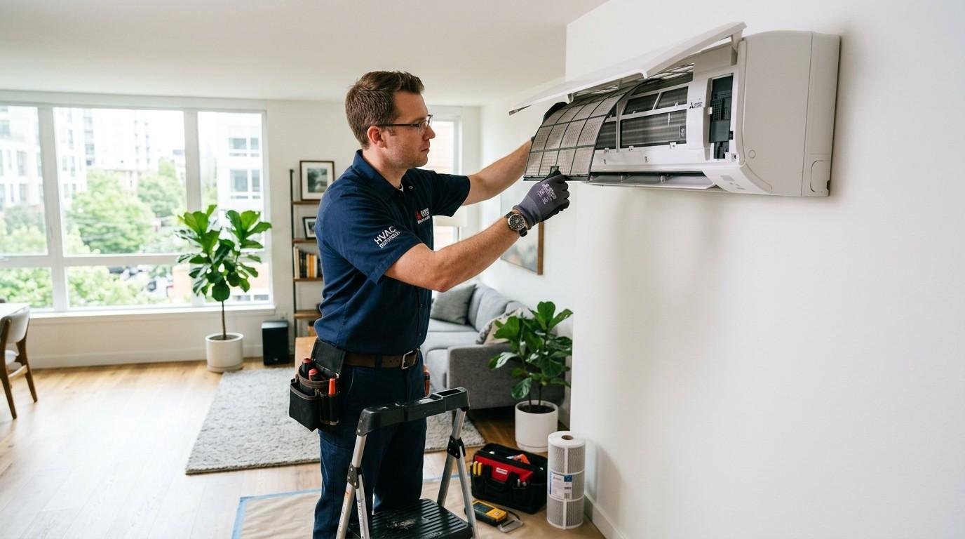 Professional AC repair services in Al Bawadi being performed on a split unit near Al Bawadi Market.