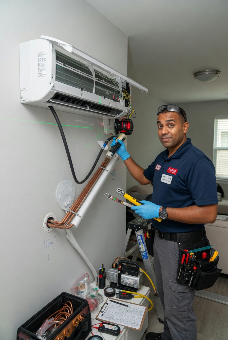 Technician performing routine air conditioner maintenance in Jeddah