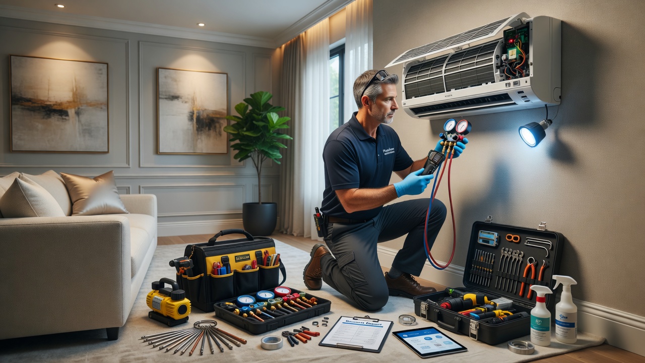 Technician checking refrigerant levels in an air conditioning system
