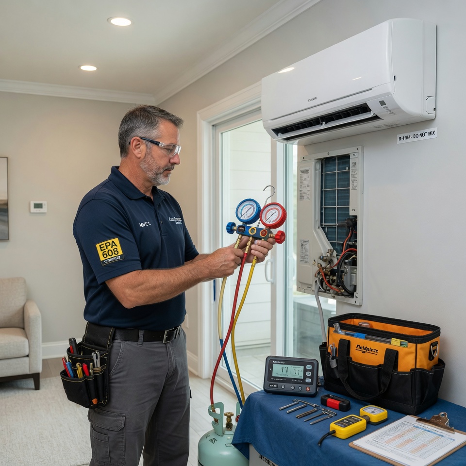 AC technician inspecting an air conditioning system in Al Bawadi