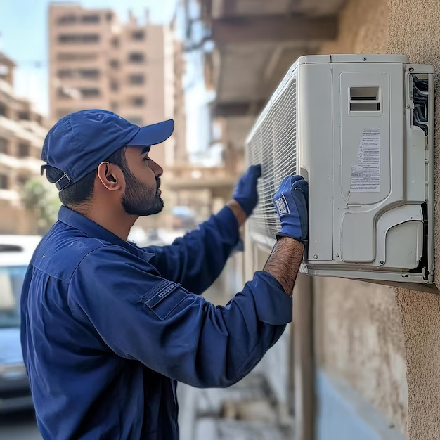 Technician servicing a window air conditioner unit