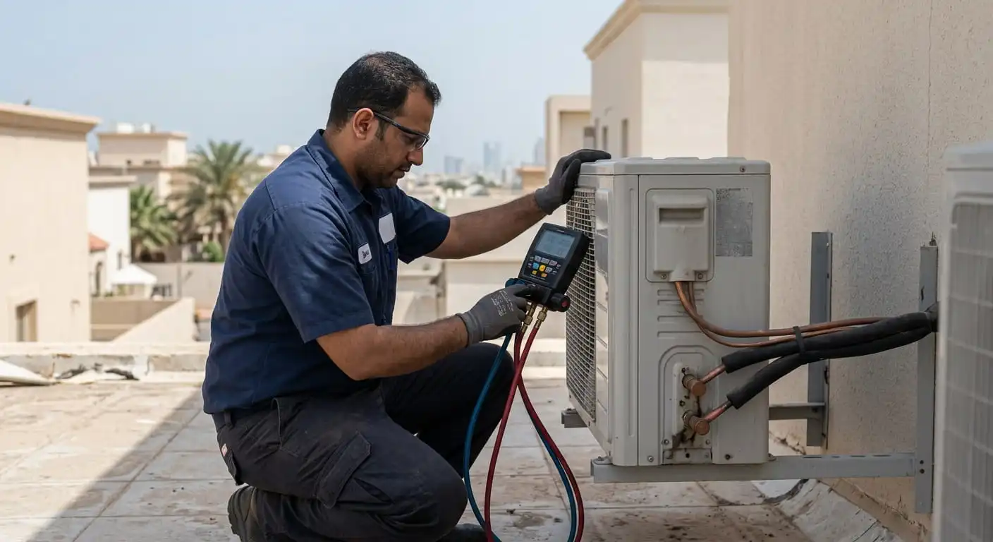 Technician inspecting an indoor split air conditioner unit