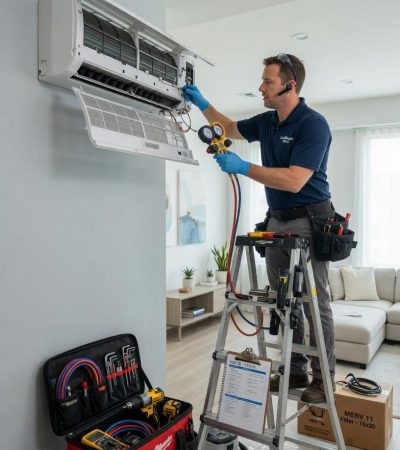 HVAC technician on a ladder servicing a wall-mounted air conditioner with a manifold gauge set nearby.